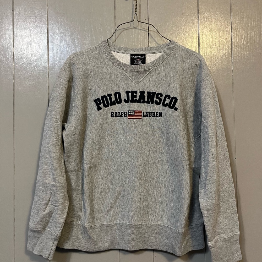 Vintage 90s Polo Jeans Co. Ralph Lauren Gray Crew Neck Sweatshirt L Embroidered